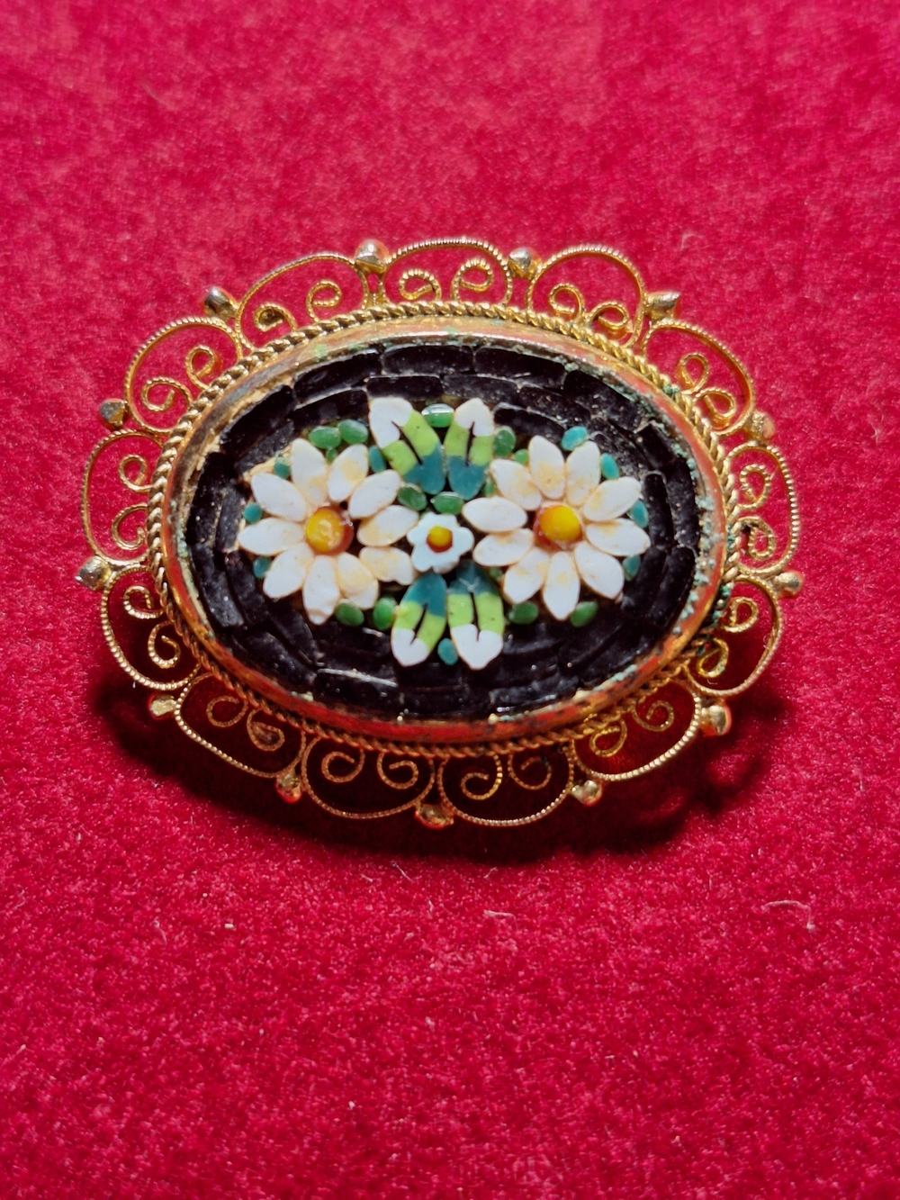 Vintage Gold-Tone Floral Micro Mosaic Brooch - Stamped Italy